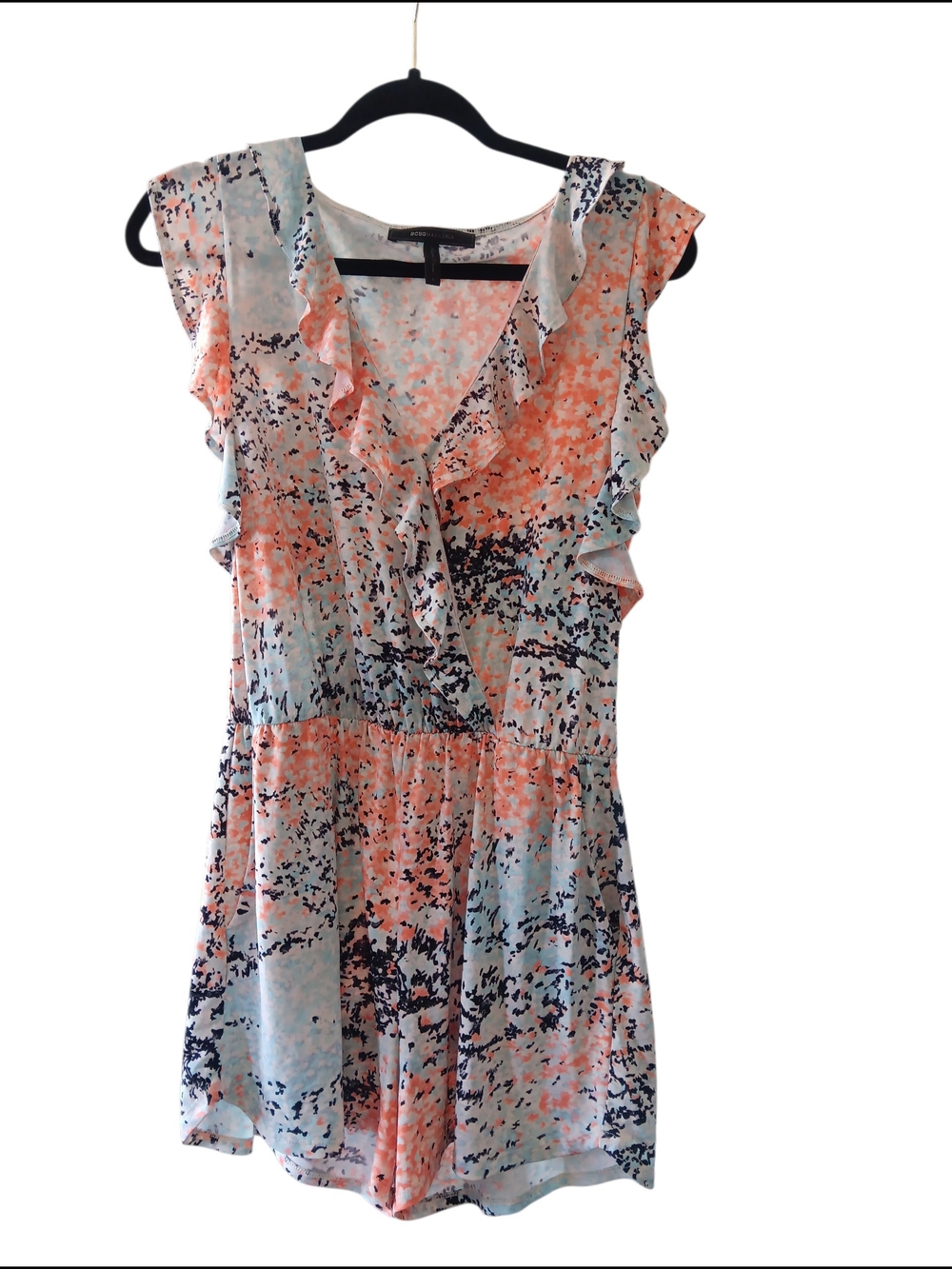 BCBG Ruffled V-Neck Sleeveless Romper in Coral & Light Blue Abstract Print
